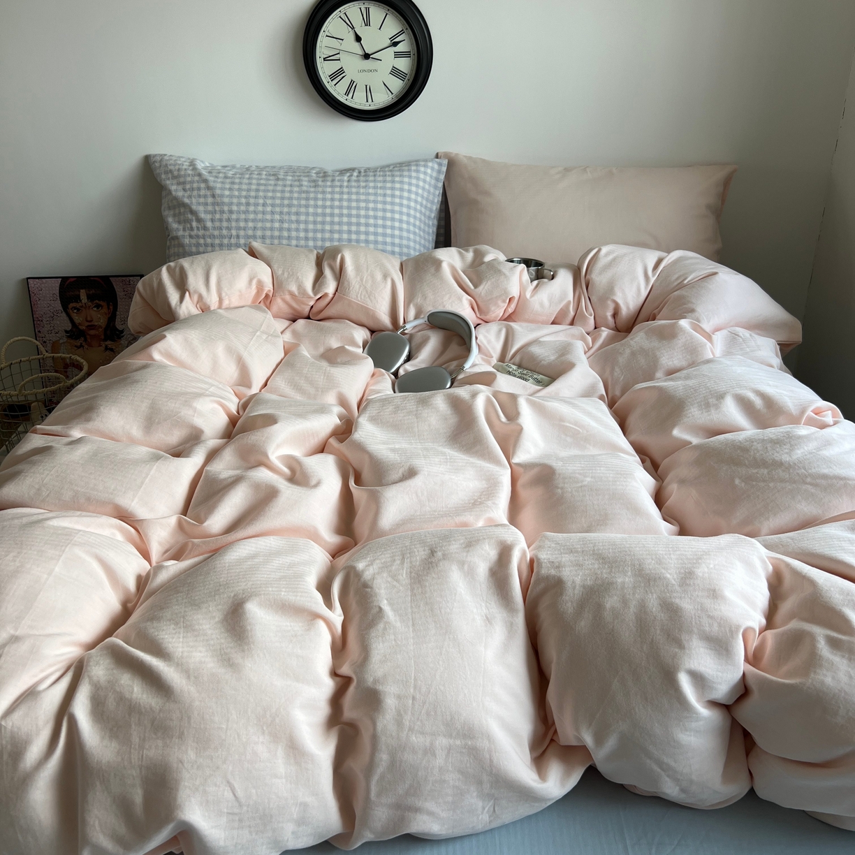 蜜宿 2025新款全棉人字纹四件套（蜜糖少女） 蜜糖少女（蓝小格混搭樱粉）