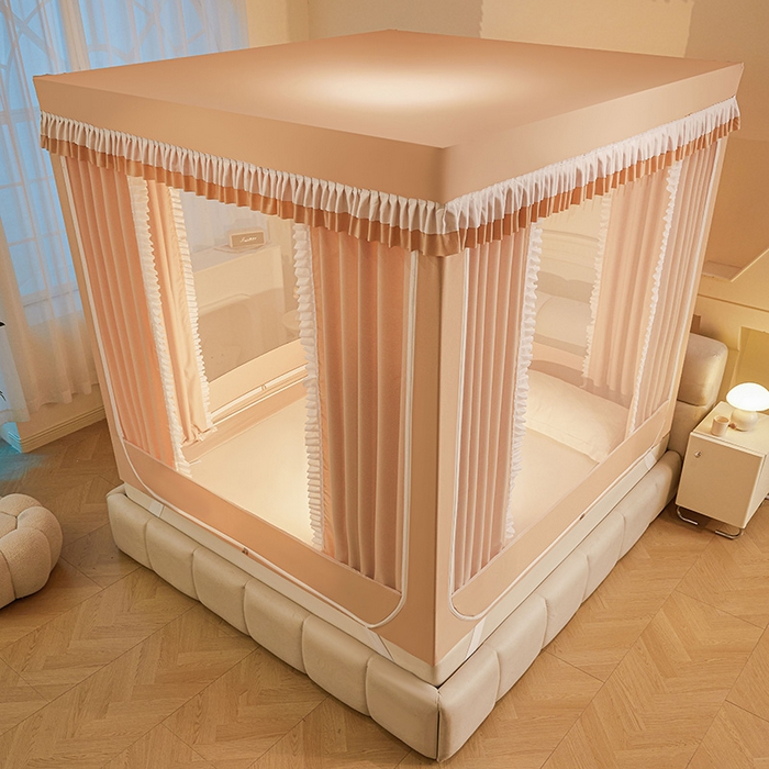 91家纺网 家纺一手货源 找家纺 浪幔纱蚊帐 2025新款A类遮光防摔蚊帐坐床拉链全底回底纯色加厚支架 心意橙【回底带帘款】