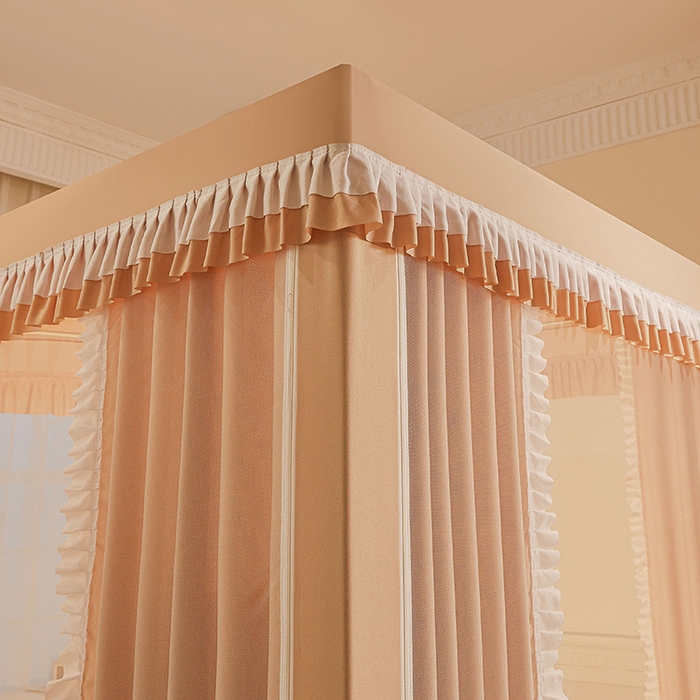 91家纺网 家纺一手货源 找家纺 浪幔纱蚊帐 2025新款A类遮光防摔蚊帐坐床拉链全底回底纯色加厚支架 心意橙【回底带帘款】