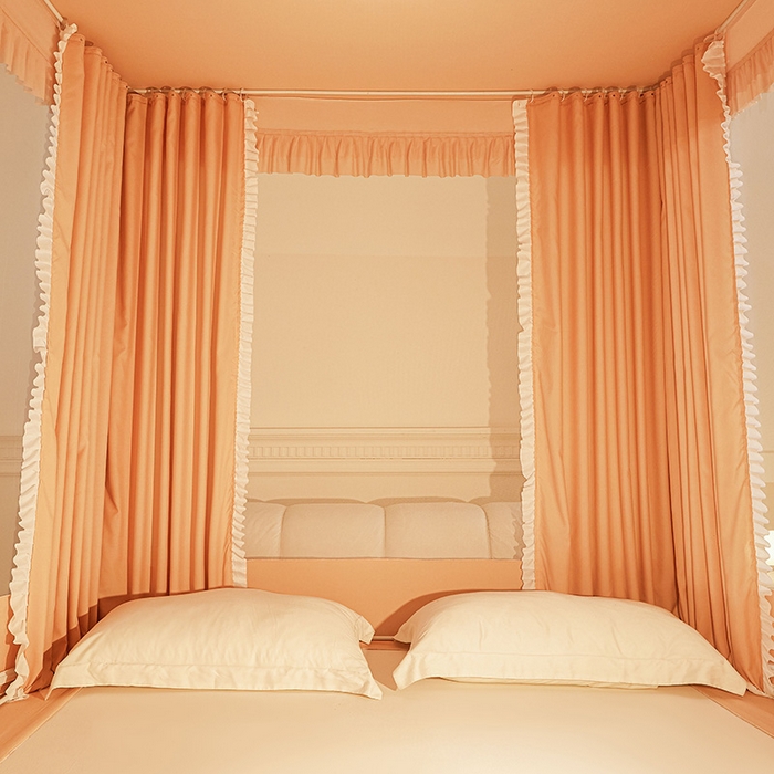 91家纺网 家纺一手货源 找家纺 浪幔纱蚊帐 2025新款A类遮光防摔蚊帐坐床拉链全底回底纯色加厚支架 心意橙【回底带帘款】