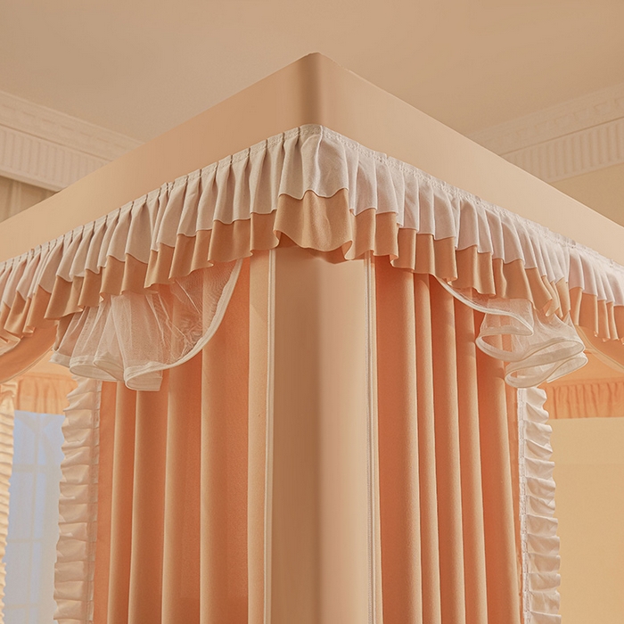 91家纺网 家纺一手货源 找家纺 浪幔纱蚊帐 2025新款A类遮光防摔蚊帐坐床拉链全底回底纯色加厚支架 心意橙【回底带帘款】