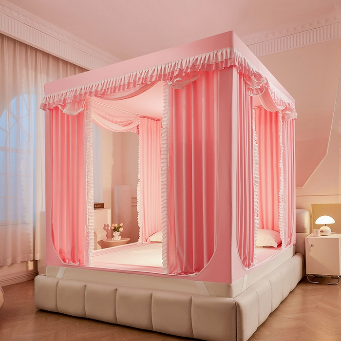 91家纺网 家纺一手货源 找家纺 浪幔纱蚊帐 2025新款A类遮光防摔蚊帐坐床拉链全底回底纯色加厚支架 樱花粉【回底带帘款】