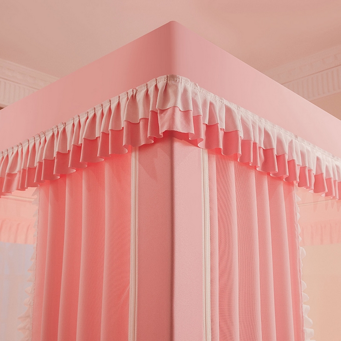 91家纺网 家纺一手货源 找家纺 浪幔纱蚊帐 2025新款A类遮光防摔蚊帐坐床拉链全底回底纯色加厚支架 樱花粉【回底带帘款】