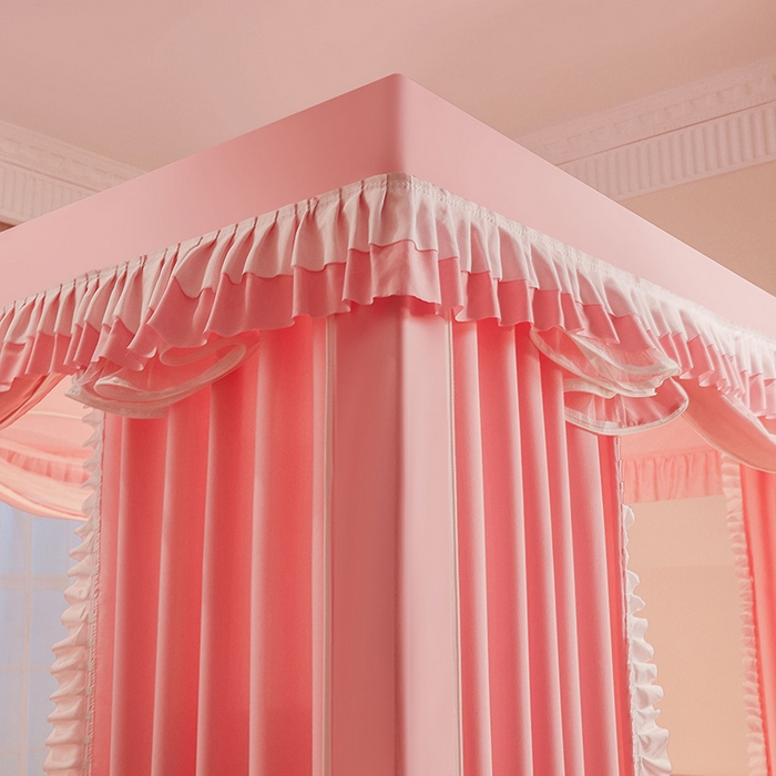 91家纺网 家纺一手货源 找家纺 浪幔纱蚊帐 2025新款A类遮光防摔蚊帐坐床拉链全底回底纯色加厚支架 樱花粉【回底带帘款】