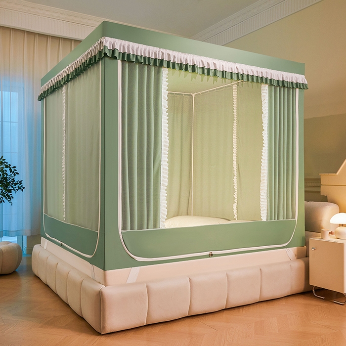 91家纺网 家纺一手货源 找家纺 浪幔纱蚊帐 2025新款A类遮光防摔蚊帐坐床拉链全底回底纯色加厚支架 橄榄绿【回底带帘款】