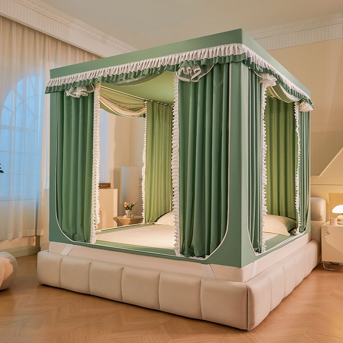 91家纺网 家纺一手货源 找家纺 浪幔纱蚊帐 2025新款A类遮光防摔蚊帐坐床拉链全底回底纯色加厚支架 橄榄绿【回底带帘款】