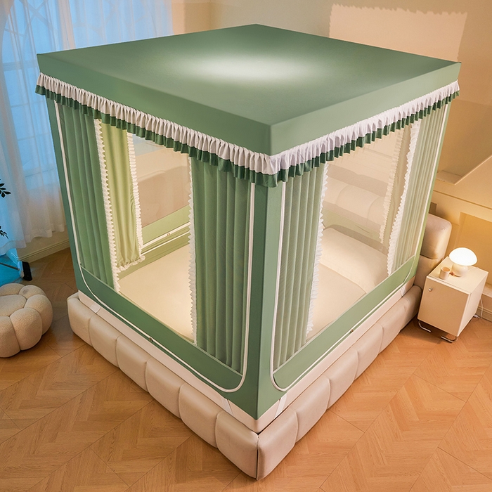 91家纺网 家纺一手货源 找家纺 浪幔纱蚊帐 2025新款A类遮光防摔蚊帐坐床拉链全底回底纯色加厚支架 橄榄绿【回底带帘款】