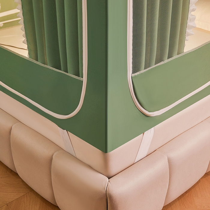 91家纺网 家纺一手货源 找家纺 浪幔纱蚊帐 2025新款A类遮光防摔蚊帐坐床拉链全底回底纯色加厚支架 橄榄绿【回底带帘款】