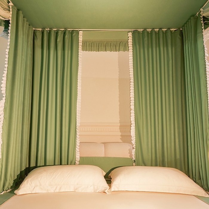 91家纺网 家纺一手货源 找家纺 浪幔纱蚊帐 2025新款A类遮光防摔蚊帐坐床拉链全底回底纯色加厚支架 橄榄绿【回底带帘款】