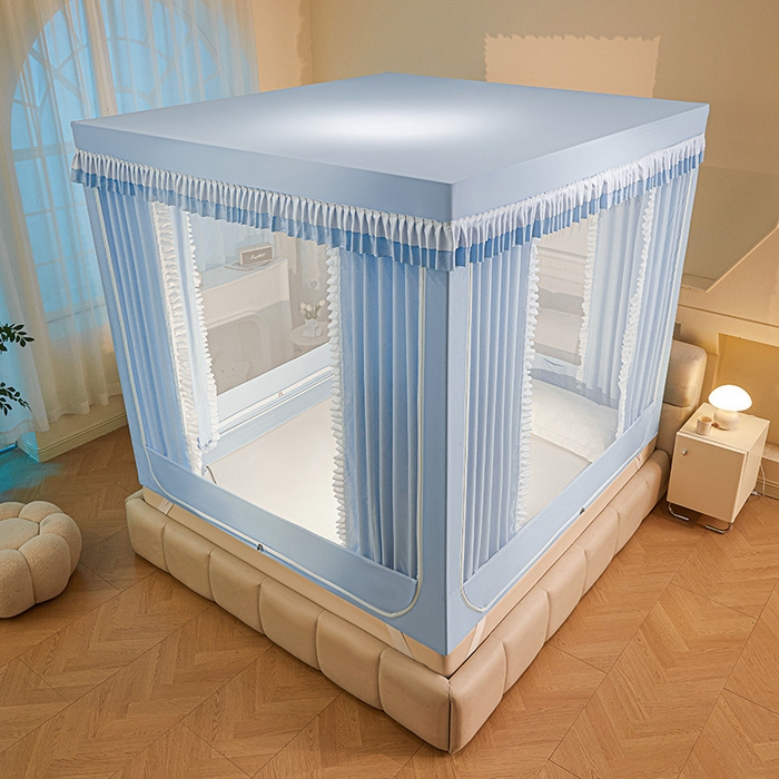 91家纺网 家纺一手货源 找家纺 浪幔纱蚊帐 2025新款A类遮光防摔蚊帐坐床拉链全底回底纯色加厚支架 舒雅蓝【回底带帘款】