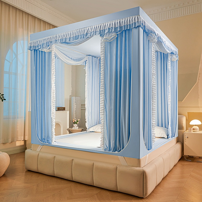 91家纺网 家纺一手货源 找家纺 浪幔纱蚊帐 2025新款A类遮光防摔蚊帐坐床拉链全底回底纯色加厚支架 舒雅蓝【回底带帘款】