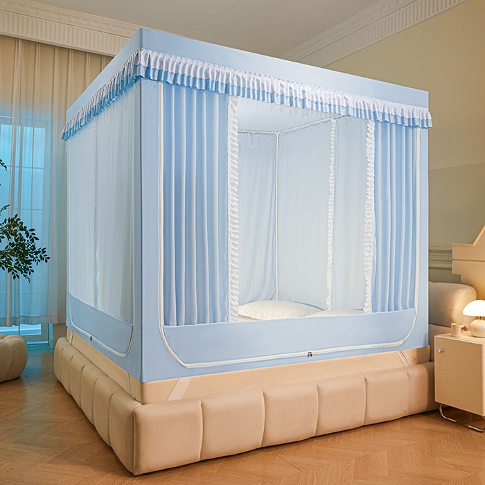 91家纺网 家纺一手货源 找家纺 浪幔纱蚊帐 2025新款A类遮光防摔蚊帐坐床拉链全底回底纯色加厚支架 舒雅蓝【回底带帘款】