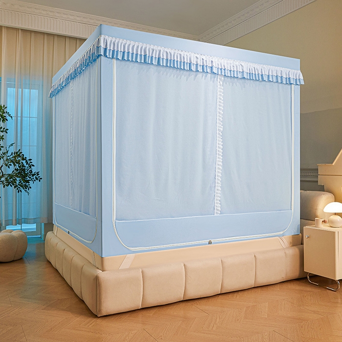 91家纺网 家纺一手货源 找家纺 浪幔纱蚊帐 2025新款A类遮光防摔蚊帐坐床拉链全底回底纯色加厚支架 舒雅蓝【回底带帘款】
