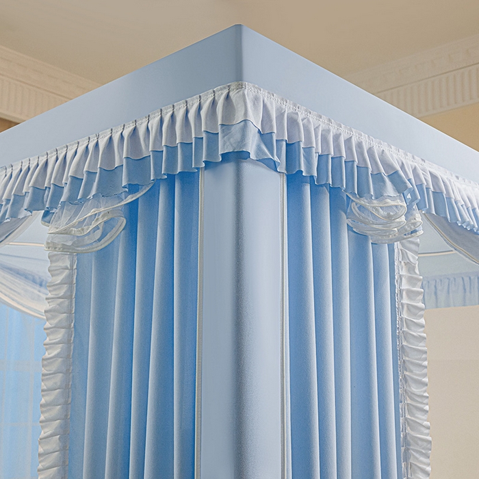 91家纺网 家纺一手货源 找家纺 浪幔纱蚊帐 2025新款A类遮光防摔蚊帐坐床拉链全底回底纯色加厚支架 舒雅蓝【回底带帘款】