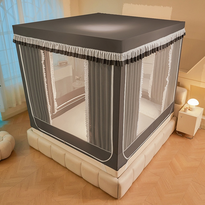 91家纺网 家纺一手货源 找家纺 浪幔纱蚊帐 2025新款A类遮光防摔蚊帐坐床拉链全底回底纯色加厚支架 星辰灰【回底带帘款】