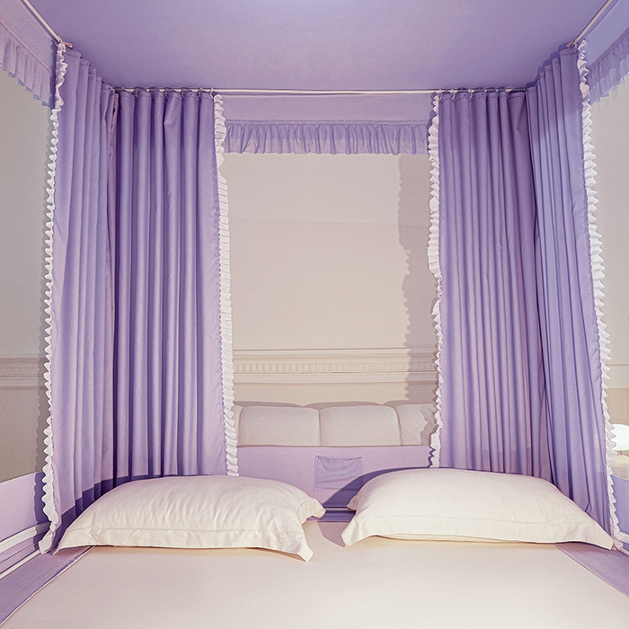 91家纺网 家纺一手货源 找家纺 浪幔纱蚊帐 2025新款A类遮光防摔蚊帐坐床拉链全底回底纯色加厚支架 优雅紫【回底带帘款】