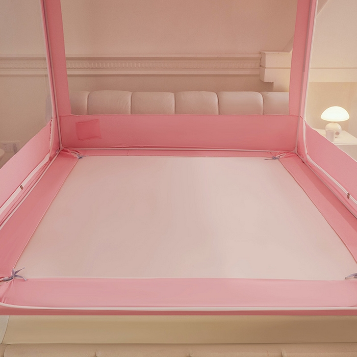 91家纺网 家纺一手货源 找家纺 浪幔纱蚊帐 2025新款A类遮光防摔蚊帐坐床拉链全底回底纯色加厚支架 樱花粉【回底无帘款】