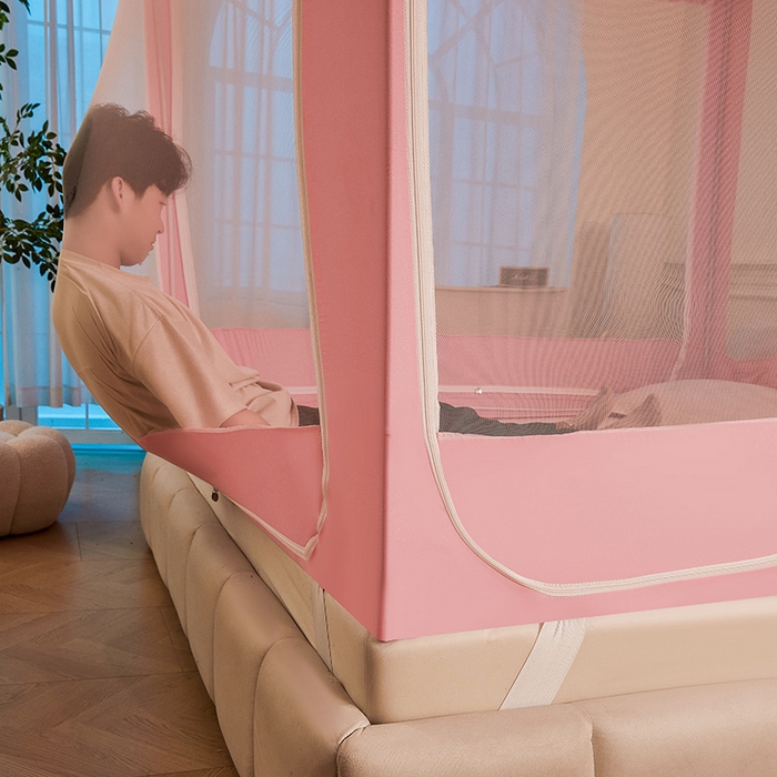 91家纺网 家纺一手货源 找家纺 浪幔纱蚊帐 2025新款A类遮光防摔蚊帐坐床拉链全底回底纯色加厚支架 樱花粉【回底无帘款】