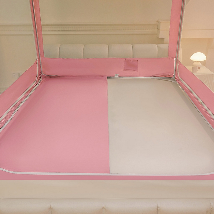 91家纺网 家纺一手货源 找家纺 浪幔纱蚊帐 2025新款A类遮光防摔蚊帐坐床拉链全底回底纯色加厚支架 樱花粉【回底无帘款】