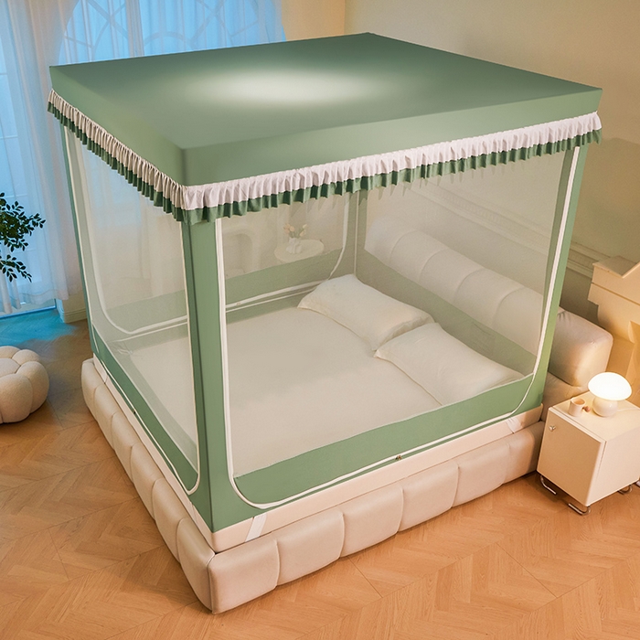 91家纺网 家纺一手货源 找家纺 浪幔纱蚊帐 2025新款A类遮光防摔蚊帐坐床拉链全底回底纯色加厚支架 橄榄绿【回底无帘款】