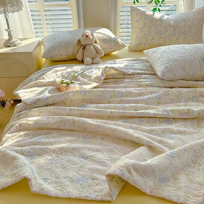 91家纺网 家纺一手货源 找家纺 眠博士 2025新款双层纱印花雪纺夏被  雪纺夏被-郁金花海