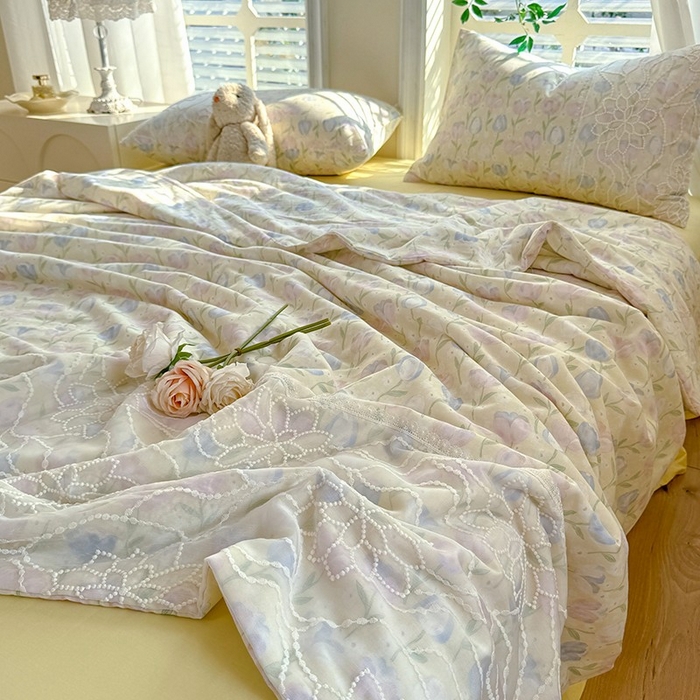 91家纺网 家纺一手货源 找家纺 眠博士 2025新款双层纱印花雪纺夏被  雪纺夏被-郁金花海