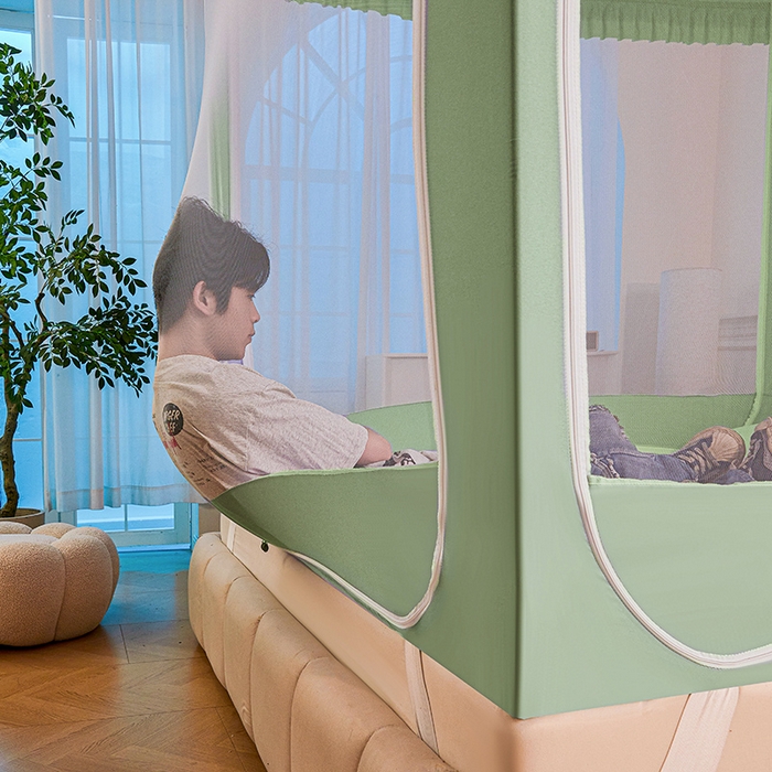 91家纺网 家纺一手货源 找家纺 浪幔纱蚊帐 2025新款A类遮光防摔蚊帐坐床拉链全底回底纯色加厚支架 橄榄绿【回底无帘款】