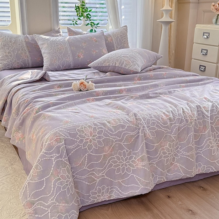 91家纺网 家纺一手货源 找家纺 眠博士 2025新款双层纱印花雪纺夏被  雪纺夏被-紫菱