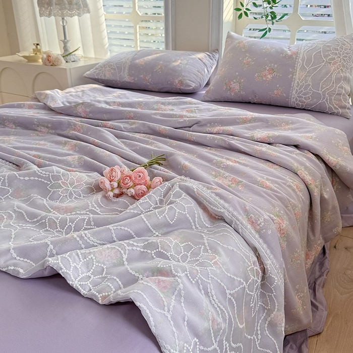 91家纺网 家纺一手货源 找家纺 眠博士 2025新款双层纱印花雪纺夏被  雪纺夏被-紫菱