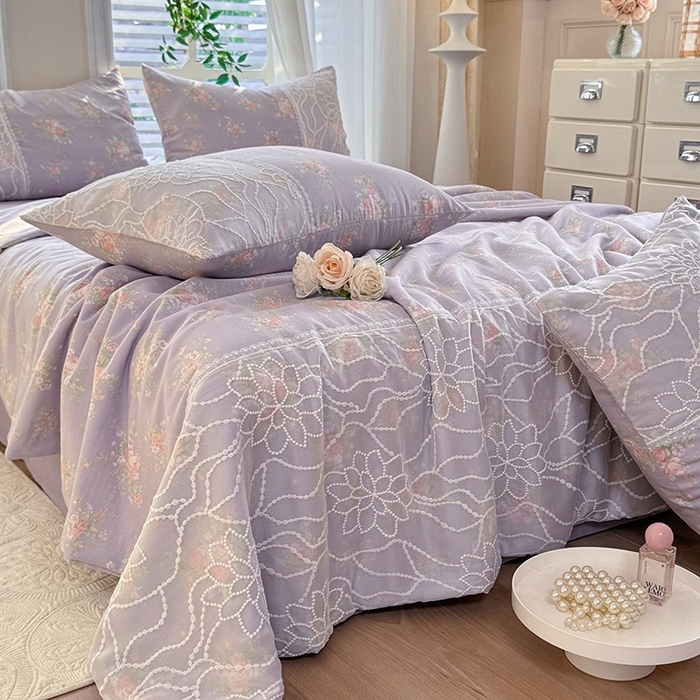 91家纺网 家纺一手货源 找家纺 眠博士 2025新款双层纱印花雪纺夏被  雪纺夏被-紫菱