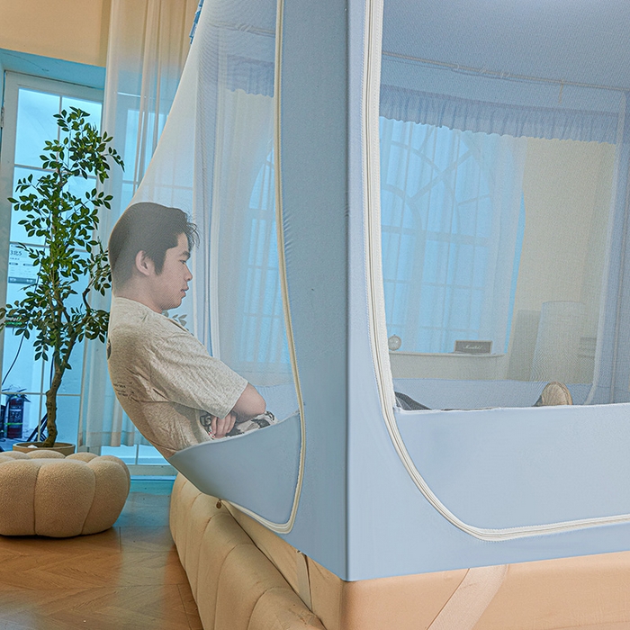 91家纺网 家纺一手货源 找家纺 浪幔纱蚊帐 2025新款A类遮光防摔蚊帐坐床拉链全底回底纯色加厚支架 舒雅蓝【回底无帘款】