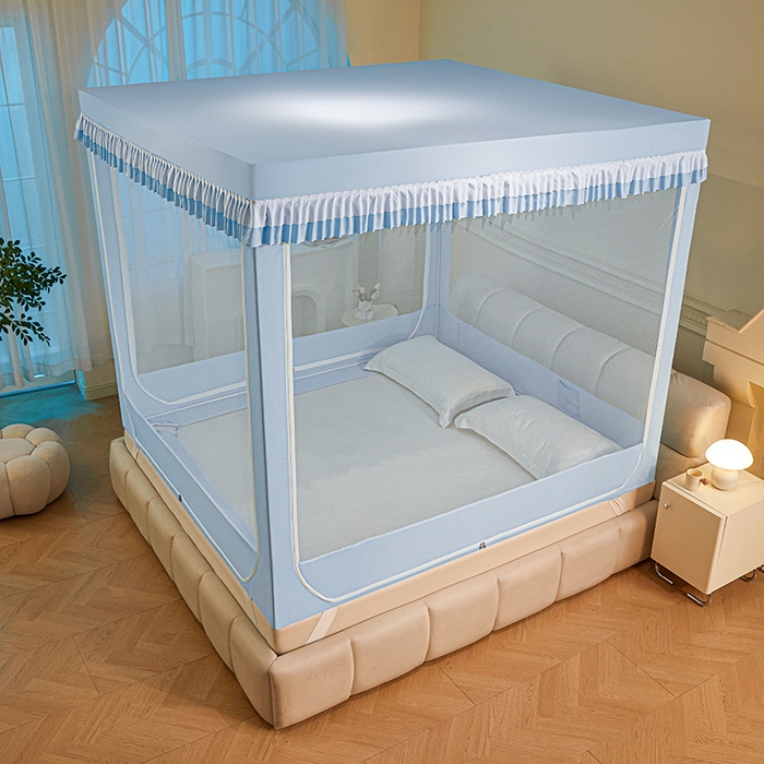 91家纺网 家纺一手货源 找家纺 浪幔纱蚊帐 2025新款A类遮光防摔蚊帐坐床拉链全底回底纯色加厚支架 舒雅蓝【回底无帘款】