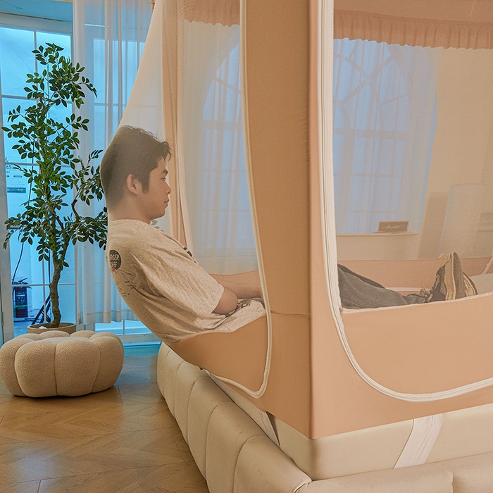 91家纺网 家纺一手货源 找家纺 浪幔纱蚊帐 2025新款A类遮光防摔蚊帐坐床拉链全底回底纯色加厚支架 心意橙【回底无帘款】