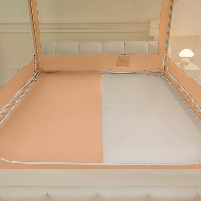 91家纺网 家纺一手货源 找家纺 浪幔纱蚊帐 2025新款A类遮光防摔蚊帐坐床拉链全底回底纯色加厚支架 心意橙【回底无帘款】