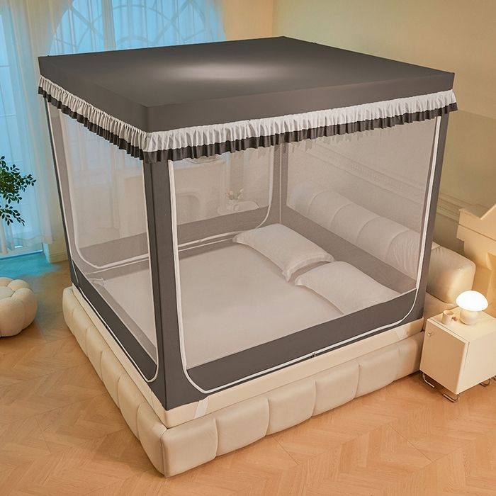 91家纺网 家纺一手货源 找家纺 浪幔纱蚊帐 2025新款A类遮光防摔蚊帐坐床拉链全底回底纯色加厚支架 星辰灰【回底无帘款】