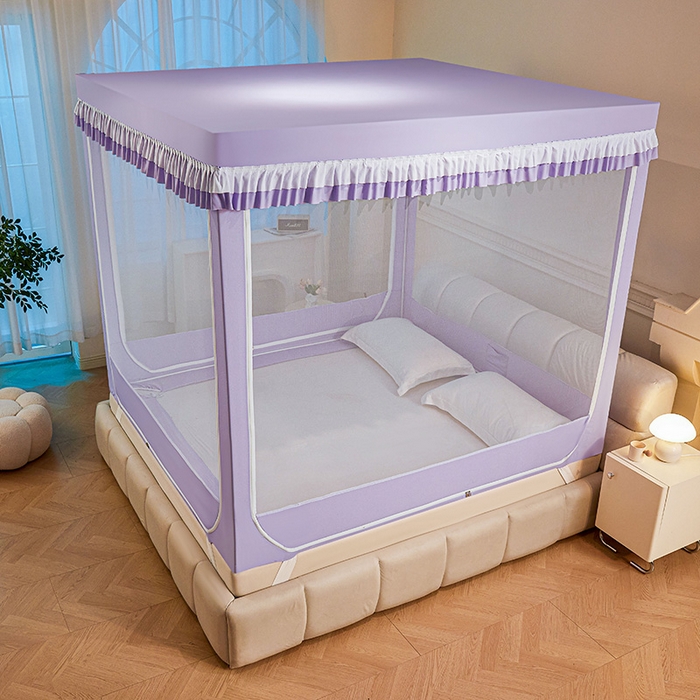 91家纺网 家纺一手货源 找家纺 浪幔纱蚊帐 2025新款A类遮光防摔蚊帐坐床拉链全底回底纯色加厚支架 优雅紫【回底无帘款】