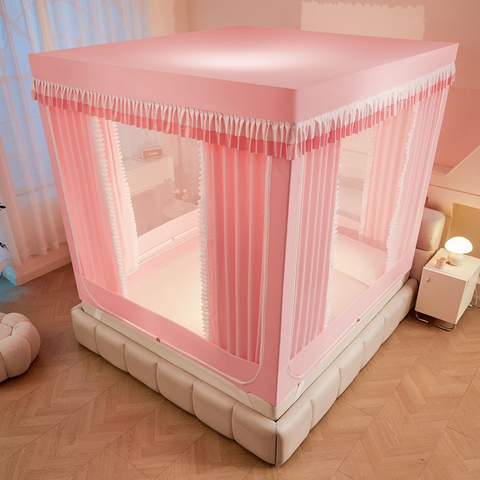 91家纺网 家纺一手货源 找家纺 浪幔纱蚊帐 2025新款A类遮光防摔蚊帐坐床拉链全底回底纯色加厚支架 樱花粉【全底带帘款】