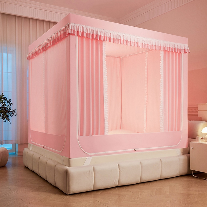 91家纺网 家纺一手货源 找家纺 浪幔纱蚊帐 2025新款A类遮光防摔蚊帐坐床拉链全底回底纯色加厚支架 樱花粉【全底带帘款】