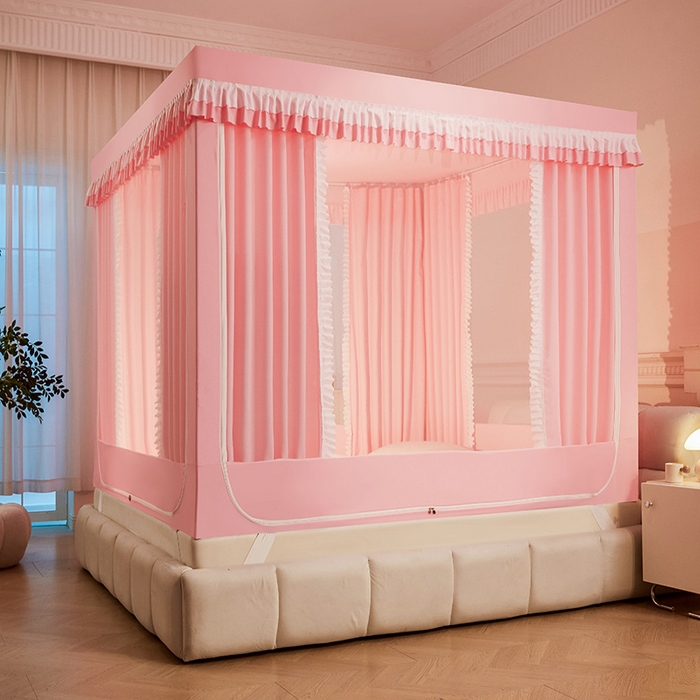 91家纺网 家纺一手货源 找家纺 浪幔纱蚊帐 2025新款A类遮光防摔蚊帐坐床拉链全底回底纯色加厚支架 樱花粉【全底带帘款】