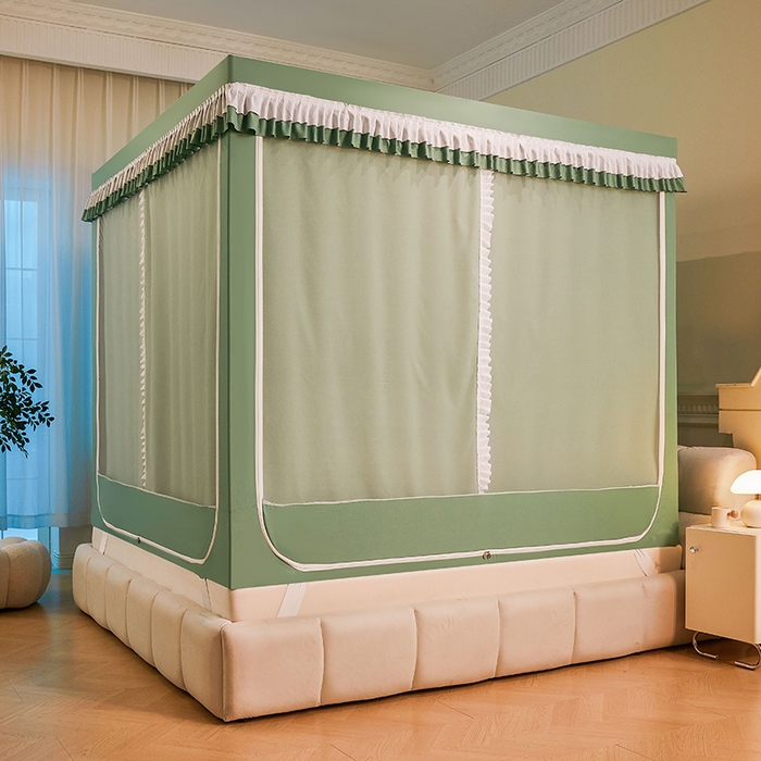 91家纺网 家纺一手货源 找家纺 浪幔纱蚊帐 2025新款A类遮光防摔蚊帐坐床拉链全底回底纯色加厚支架 橄榄绿【全底带帘款】