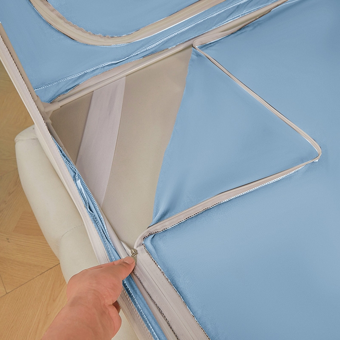 91家纺网 家纺一手货源 找家纺 浪幔纱蚊帐 2025新款A类遮光防摔蚊帐坐床拉链全底回底纯色加厚支架 舒雅蓝【全底带帘款】