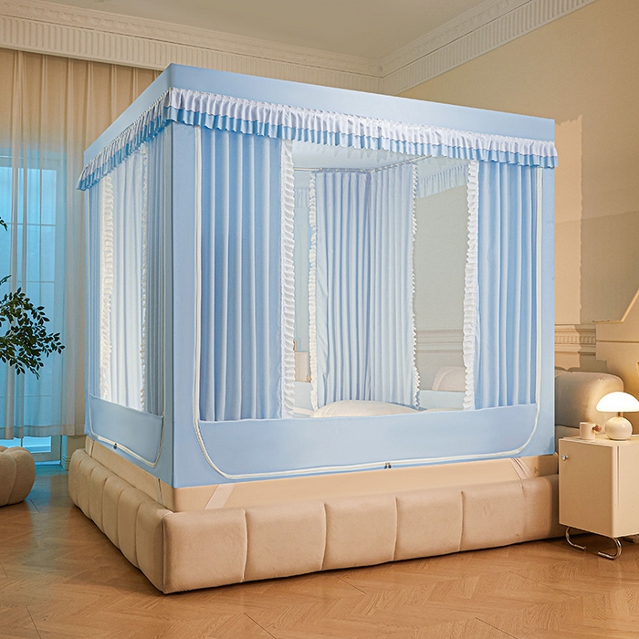 91家纺网 家纺一手货源 找家纺 浪幔纱蚊帐 2025新款A类遮光防摔蚊帐坐床拉链全底回底纯色加厚支架 舒雅蓝【全底带帘款】