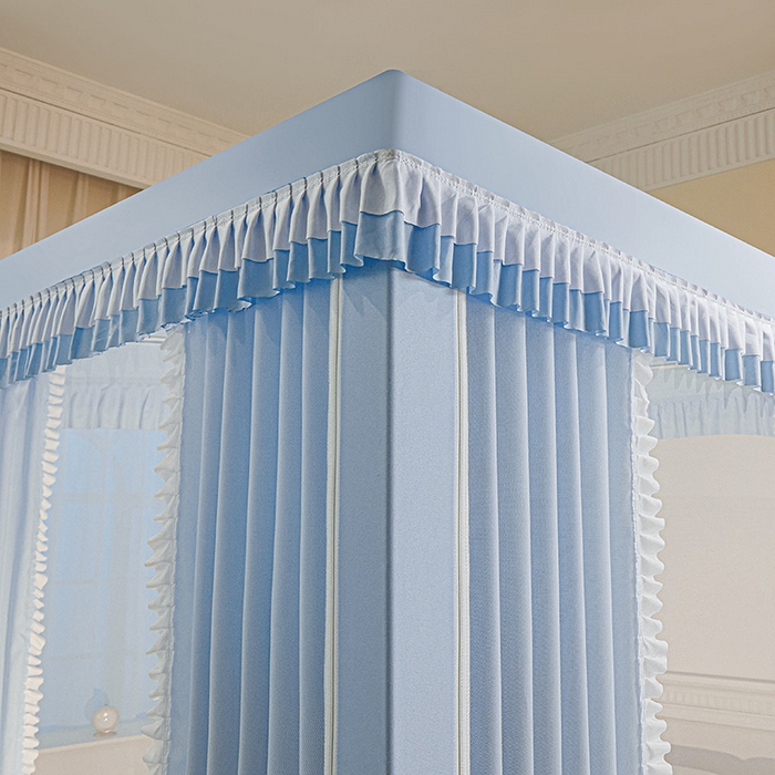 91家纺网 家纺一手货源 找家纺 浪幔纱蚊帐 2025新款A类遮光防摔蚊帐坐床拉链全底回底纯色加厚支架 舒雅蓝【全底带帘款】