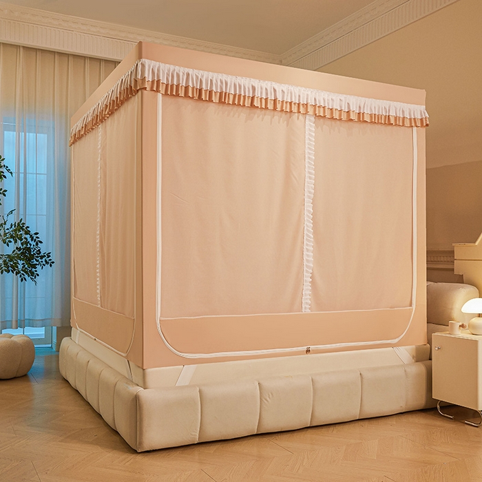 91家纺网 家纺一手货源 找家纺 浪幔纱蚊帐 2025新款A类遮光防摔蚊帐坐床拉链全底回底纯色加厚支架 心意橙【全底带帘款】