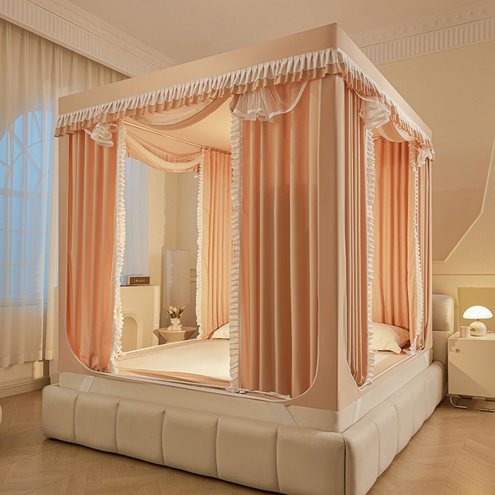 91家纺网 家纺一手货源 找家纺 浪幔纱蚊帐 2025新款A类遮光防摔蚊帐坐床拉链全底回底纯色加厚支架 心意橙【全底带帘款】