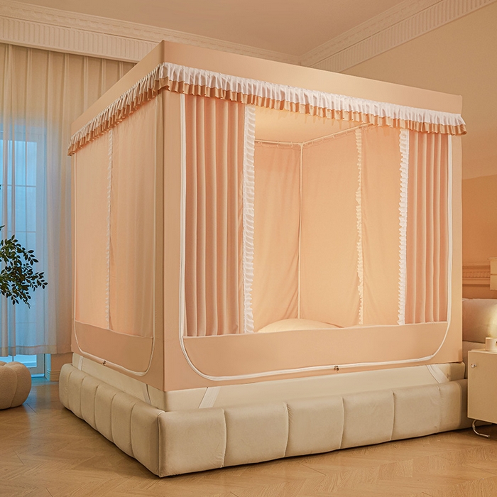 91家纺网 家纺一手货源 找家纺 浪幔纱蚊帐 2025新款A类遮光防摔蚊帐坐床拉链全底回底纯色加厚支架 心意橙【全底带帘款】