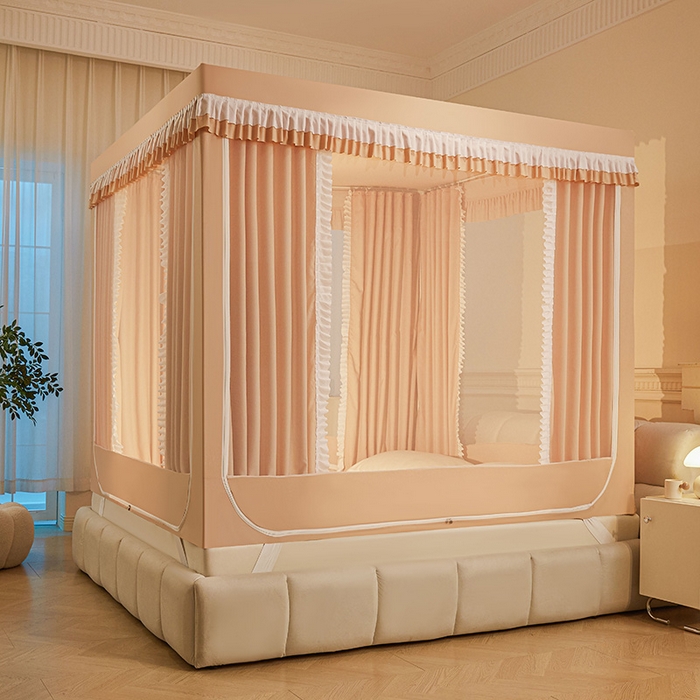 91家纺网 家纺一手货源 找家纺 浪幔纱蚊帐 2025新款A类遮光防摔蚊帐坐床拉链全底回底纯色加厚支架 心意橙【全底带帘款】