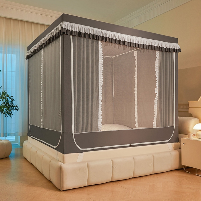 91家纺网 家纺一手货源 找家纺 浪幔纱蚊帐 2025新款A类遮光防摔蚊帐坐床拉链全底回底纯色加厚支架 星辰灰【全底带帘款】