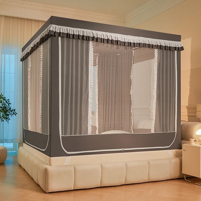 91家纺网 家纺一手货源 找家纺 浪幔纱蚊帐 2025新款A类遮光防摔蚊帐坐床拉链全底回底纯色加厚支架 星辰灰【全底带帘款】