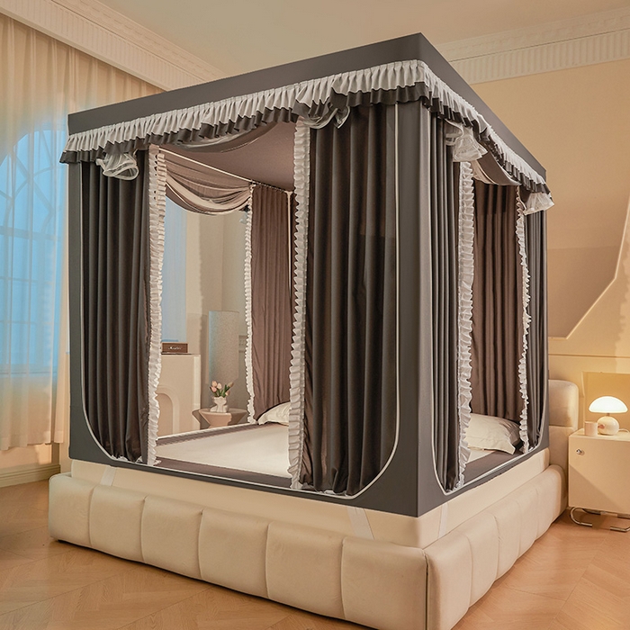 91家纺网 家纺一手货源 找家纺 浪幔纱蚊帐 2025新款A类遮光防摔蚊帐坐床拉链全底回底纯色加厚支架 星辰灰【全底带帘款】